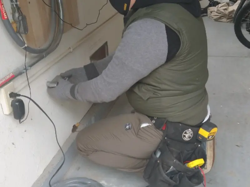 Electrician performing outlet wiring in a Lamar garage